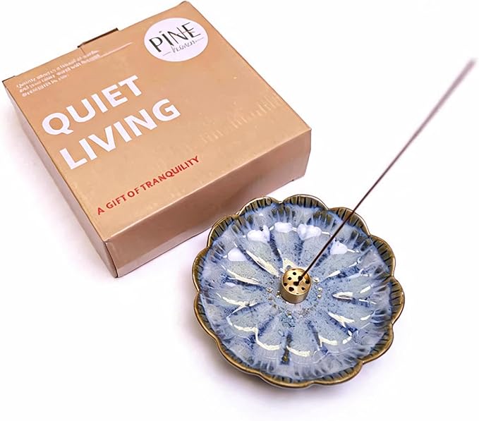 Pinehaven Incense Holder and Burner, Japanese Ceramic Incense Stick Holder with Ash Catcher, 5.5 Inch Blue Tray, Solid Brass 9-Hole Insert for Palo Santo, Sage, Zen Meditation Home Decor