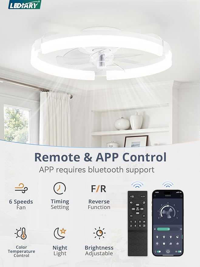 LEDIARY 20" Ceiling Fans with Lights and Remote, Modern Low Profile Ceiling Fan, 3 CCT, Stepless Dimmable, Fandelier Flush Mount Fan Light, 6 Speeds, DC Motor, App & Remote Control for Bedroom(White)
