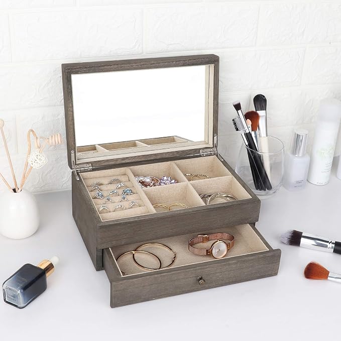 Meangood Jewelry Box Organizer for Women, 2 Layer Large Jewelry Storage Case, Rustic Wooden Jewelry Box with Mirror & Ring Tray for Necklace Earring Bracelets Rings, Vintage Style (Weathered Grey)