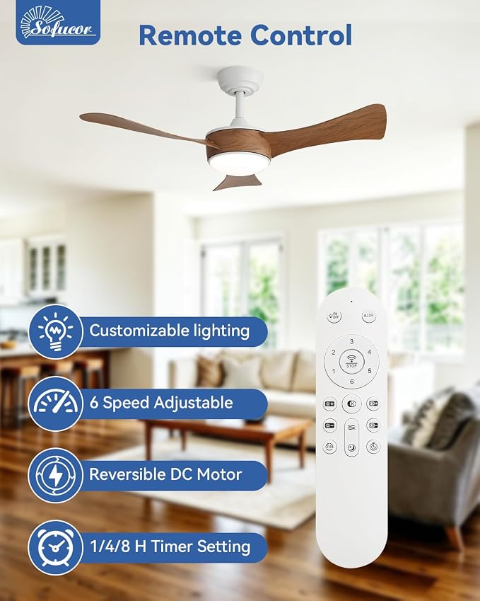 Sofucor 42 Inch Ceiling Fans with Lights-Modern Small Bedroom Ceiling Fan with Remote Control, Plug-in Blades Quick Install,Reversible Quiet DC Motor,Outdoor Ceiling Fan for Kitchen/Living Room/Patios