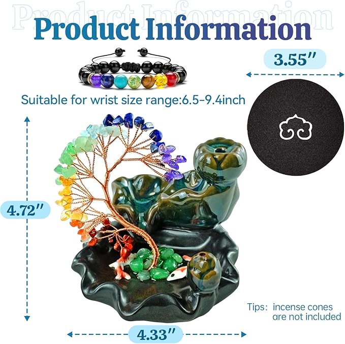 Backflow Incense Burner Ceramic Incense Waterfall Backflow Incense Holder 7 Chakras Gemstone Money Tree Crystal Tree Namaste Chakra Bracelet Cushion FengShui (Green)