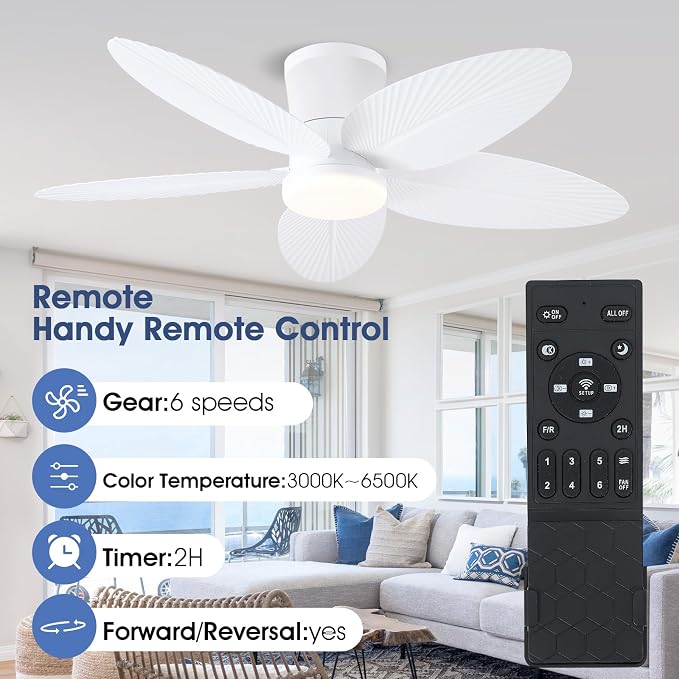 Surtime Palm Leaf Ceiling Fans with Lights-42 Tropical Ceiling Fan with Light and Remote/APP Control,Flush Mount Low Profile White Ceiling Fans for Bedroom,Indoor/Outdoor Patio Use