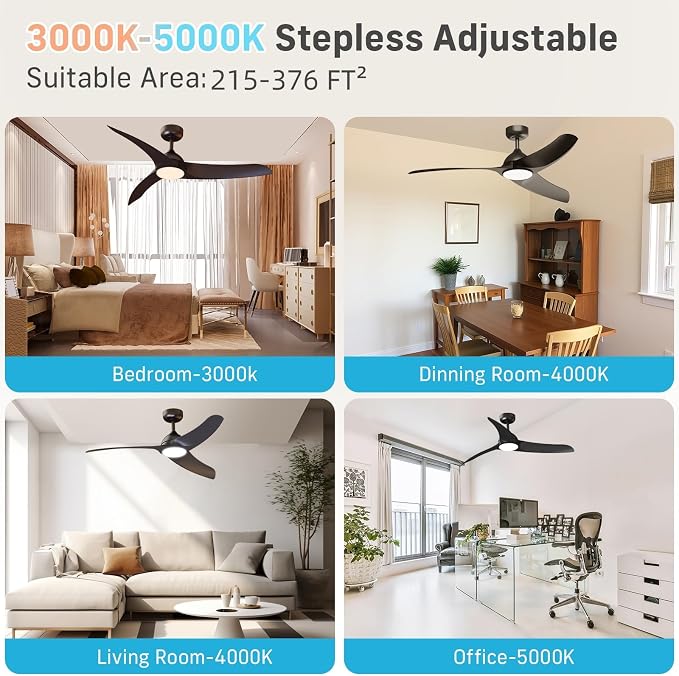 Ceiling Fans with Lights, 56 inch Low Profile Ceiling Fan with Light and Remote Control, Flush Mount, 3CCT, Dimmable, Quiet Reversible Motor, Black Ceiling Fan for Bedroom Indoor/Outdoor Use