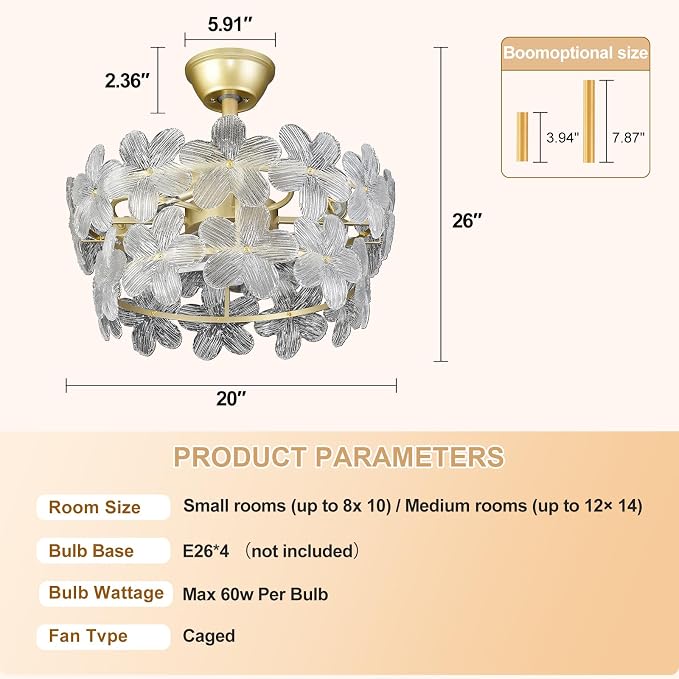 Depuley Bedroom Ceiling Fan with Lights: 20" Gold Chandelier Small Fan with Remote Control - Modern Flower Fandelier for Girl's Bedroom Living Room Nursery (E26 Bulbs Not Included)