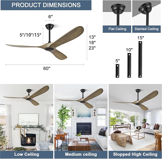 ABZ 60" Ceiling Fan without Light - 60 inch Propeller Solid Wood Blades Bronze Gray Ceiling Fan no Light with Remote Control for Outdoor Indoor Patio Porch Living Room