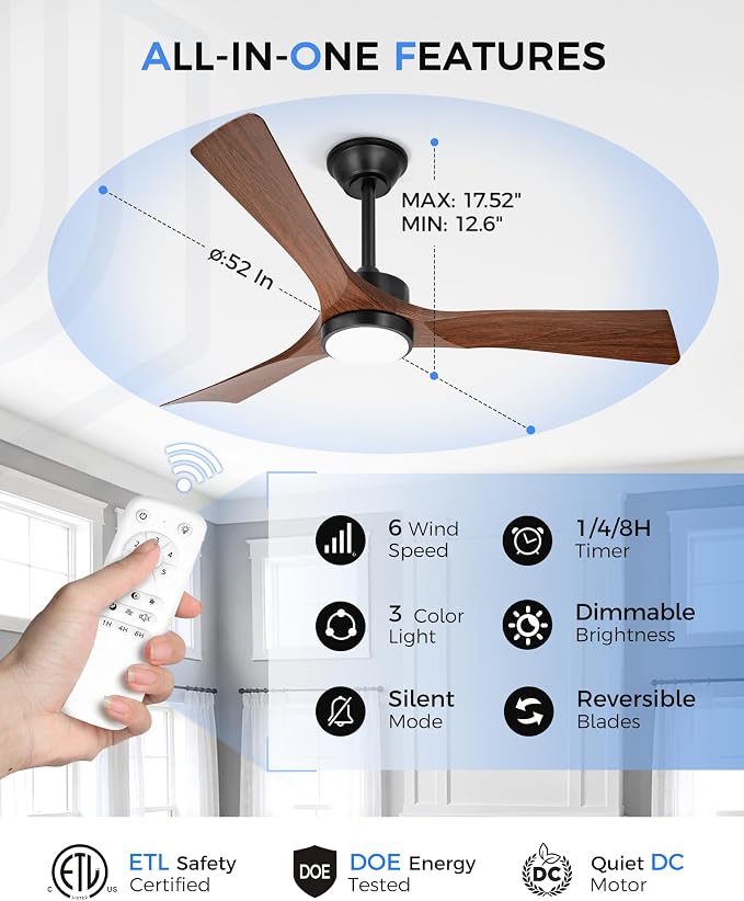 52" Ceiling Fan with Light & Remote, Walnut, ZCCF08WD-52 | Wood-grain ABS blades, remote, 6 speeds, 3CCT dimmable LED and quiet reversible DC motor for living rooms and covered patios