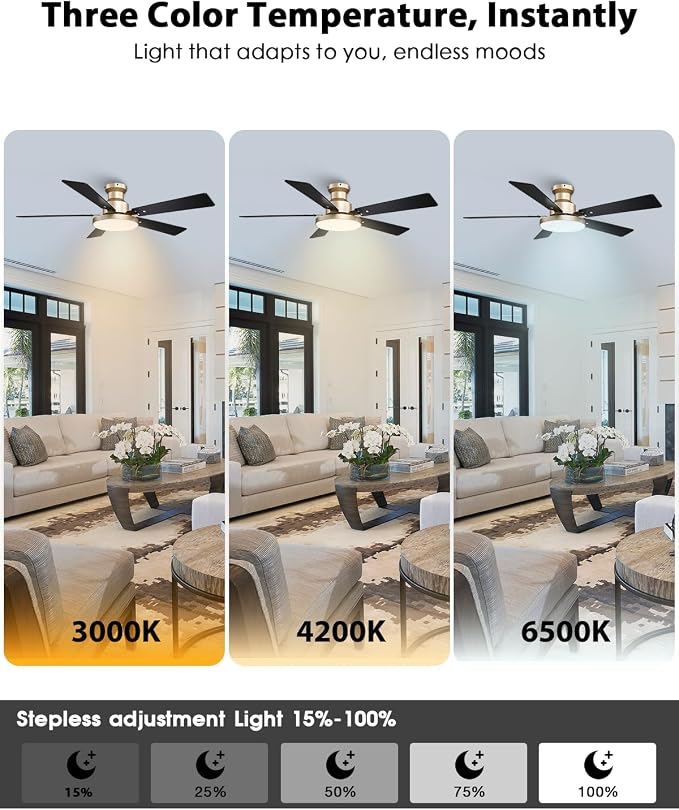 52 Inch Low Profile Gold Ceiling Fans with Lights and Remote/App, Modern Flush Mount Black and Gold Ceiling Fan, 12.2'' Large 3CCT LED Light Panel,6-Speed Quiet Motor for Bedroom Living Room