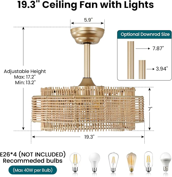 Rattan Boho Ceiling Fans Lights: 19.3'' Layered Ceiling Fans with Light and Remote Control, Farmhouse Semi Flush Mount Fandelier with Reversible 6 Speeds for Bedroom, Nursery, Living Room, E26 Base
