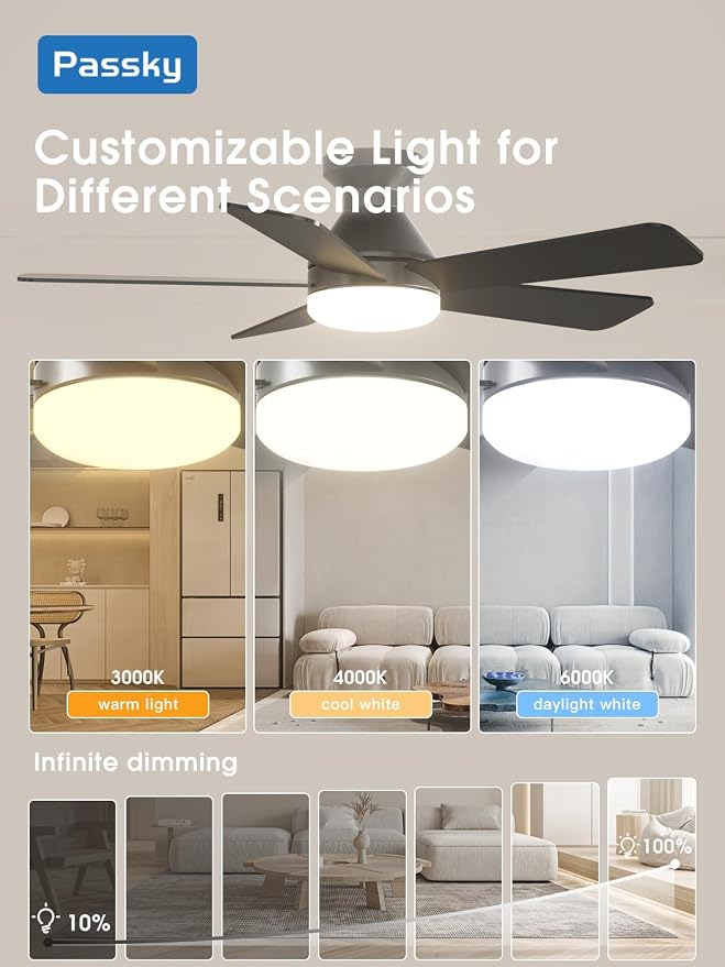 Passky Ceiling Fans with Lights, 42 Inch Smart Ceiling Fan with Remote/APP/Alexa Voice Control, Flush Mount, 3CCT, Reversible, Dimmable, Quiet, Small Sleek Ceiling Fan for Bedroom, Living Room, Black