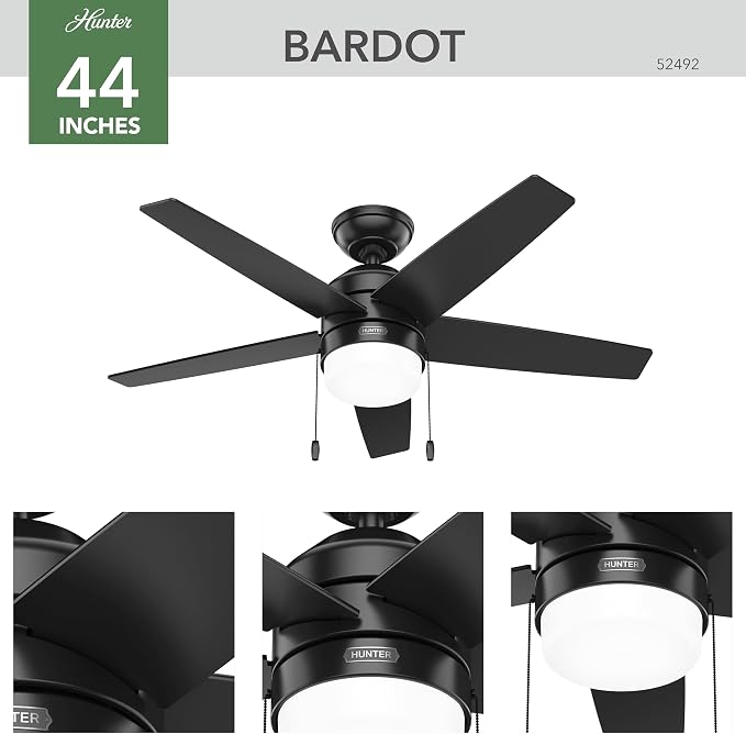 Hunter Bardot, Indoor, Ceiling Fan, Modern, 5 Blades, 44 inch, Matte Black
