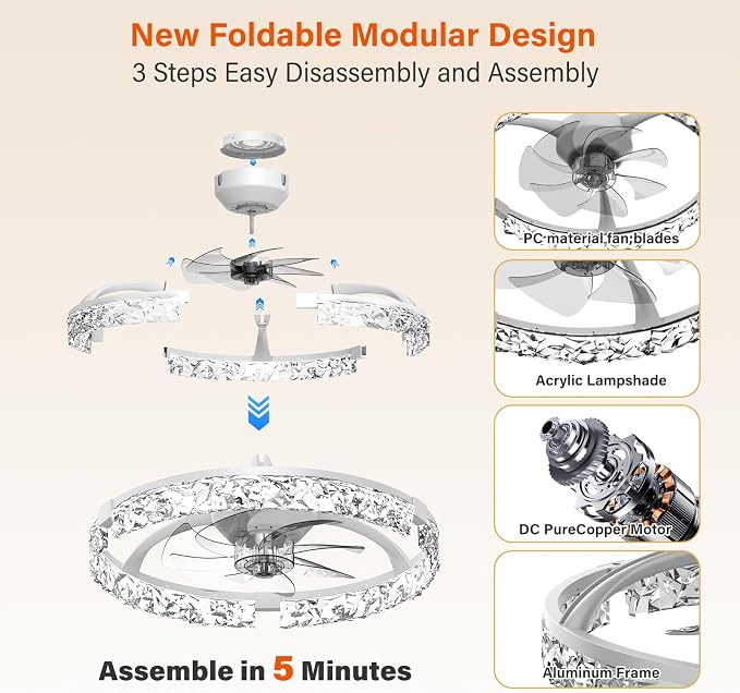 Ceiling Fans with Lights and Remote,20''Low Profile Ceiling Fan,3000-6000K Dimmable Modern Flush Mount LED Fan Light,6 Wind Speeds for Bedroom (White, 20-inch Foldable Diamond)