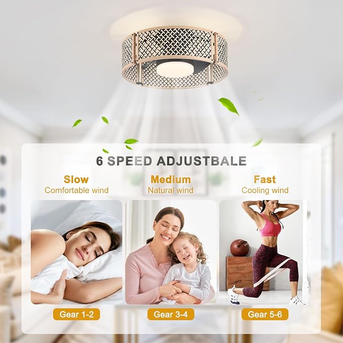 Ganeed 20" Boho Caged Fandelier with Lights, 18W Dimmable LED Rattan Ceiling Fan with Lights and Remote Control, Enclosed 6 Speeds RGB Low Profile Bamboo Fan Light for Bedroom, Living Room, Kitchen