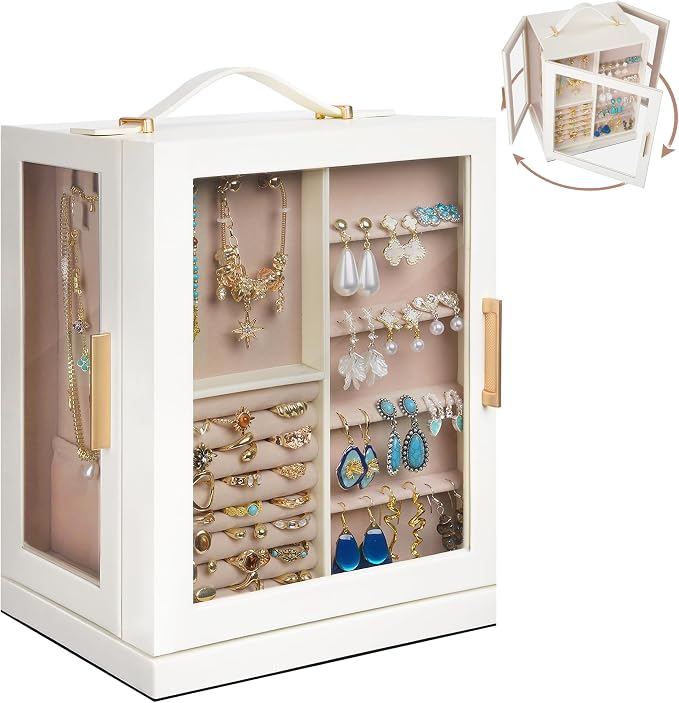 360° Rotating 5‑Drawers Jewelry Box with Top Handle & Glass Window, Spacious Vertical Jewelry Organizer, Jewelry Storage Case, Dustproof & Moisture‑resistant Design. (White)