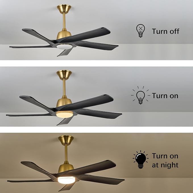 52 Inch DC Ceiling Fan with Light, 5 Solid Wood Blades, Remote and APP Control, 3-color Dimmable, 6-speed Reversible, Noiseless Ceiling Fan for Bedroom, Living Room, Black Gold