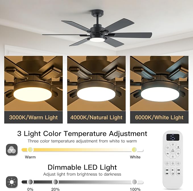 OURSTAR Ceiling Fans with Lights and Remote Control, Black Ceiling Fan with Light 3-Color LED Dimmable, Memory for Lighting and Fan Reversible, 6-Speed, Timer, Indoor/Outdoor Use, 52 Inch