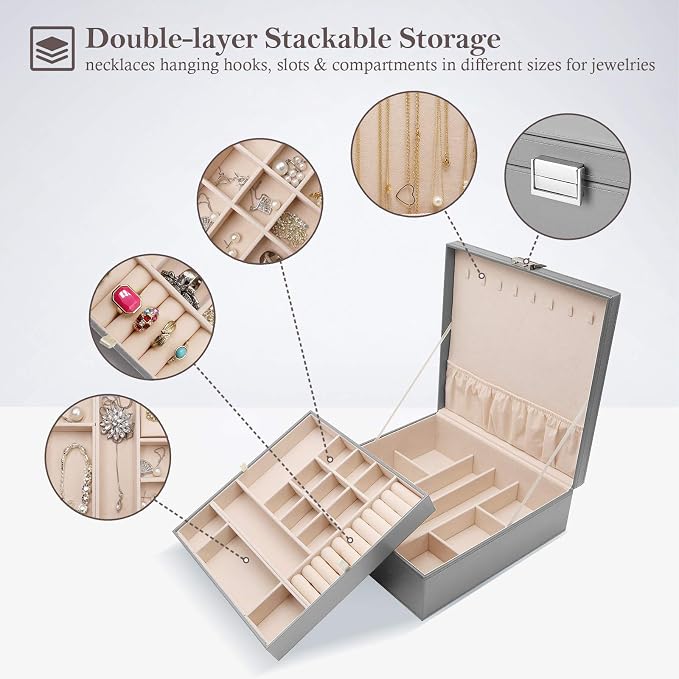 ProCase 2 Layers Jewelry Box for Women -Grey | Large Leather Jewelry Organizer Storage Case with Removable Pad for Earrings