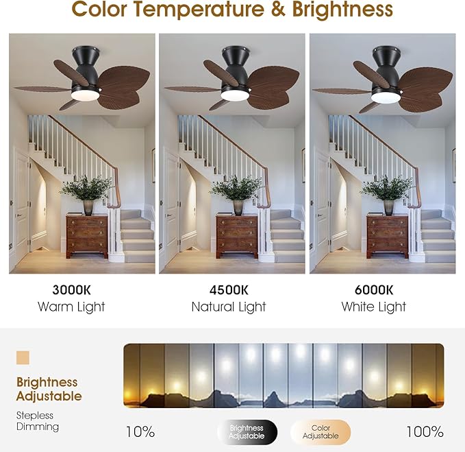 Kviflon Tropical Ceiling Fans with Lights and Remote Control, 30 Inch Low Profile Flush Mount Ceiling Fans, Palm Leaf Ceiling Fan with Light for Small Room Indoor Outdoor, Brown