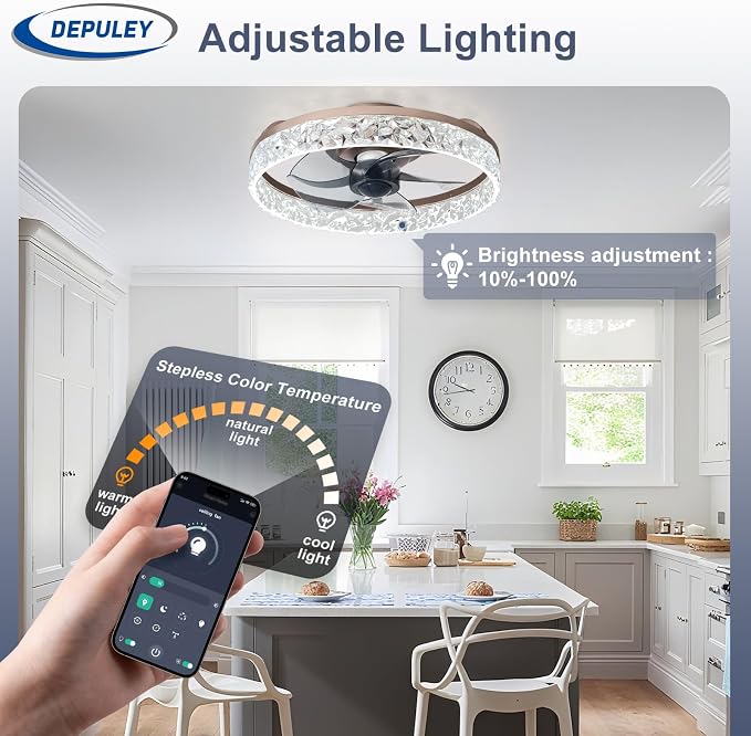Depuley Ceiling Fans with Lights and Remote: 16" Modern Low Profile Flush Mount Ceiling Fan with App Remote Control - Brown Fandelier for Bedroom Living Room Kitchen Dimmable Quiet DC Motor