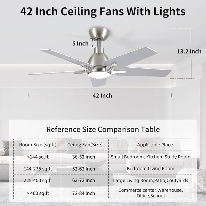 42 Inch Ceiling Fans with Lights, Brushed Nickel Ceiling Fan with Remote, Modern Ceiling Fan for Bedroom, Living Room, Dining Room, Patio, 3CCT Dimmable 6 Speeds DC Quiet