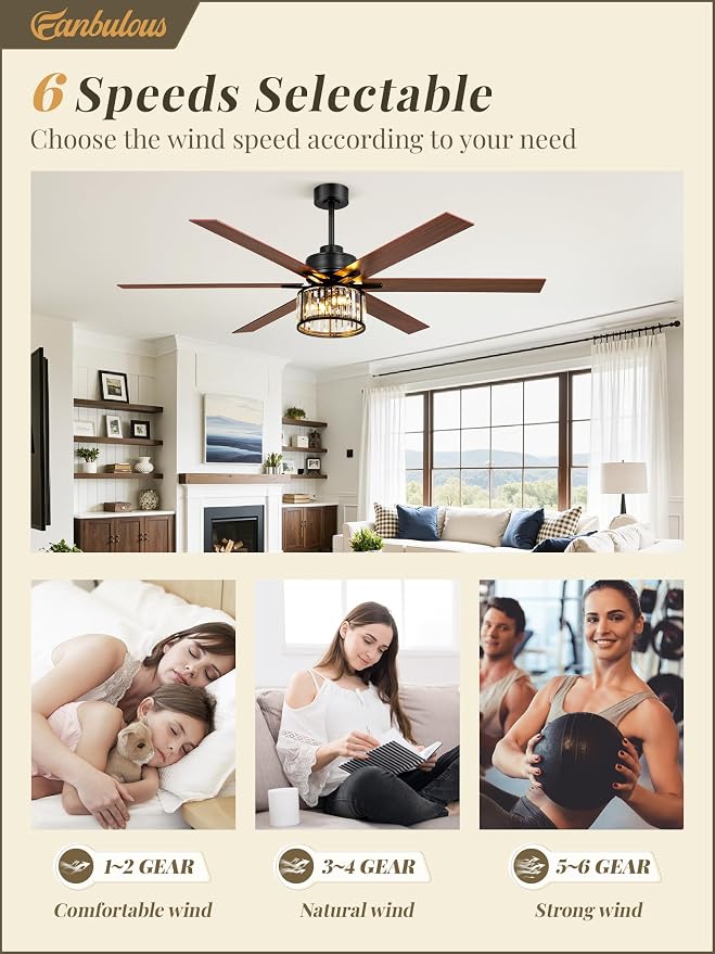 Fanbulous 65 Inch Farmhouse Crystal Ceiling Fan with Lights and Remote, Chandelier Ceiling Fan with Quiet Reversible DC Motor, Wood Blades - Ideal for Bedroom