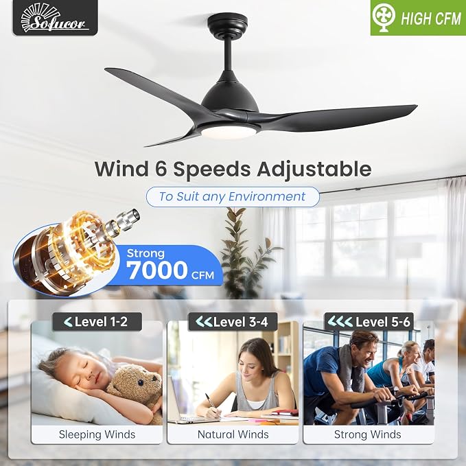 Sofucor 52 Inch Outdoor Ceiling Fans with Lights, Modern Ceiling Fan with 3 Plastic Blade, Quiet, Dimmable, High 7000CFM 6-Speed 3-Timer Reversible DC Motor, for Bedroom Living Room, ETL, Black