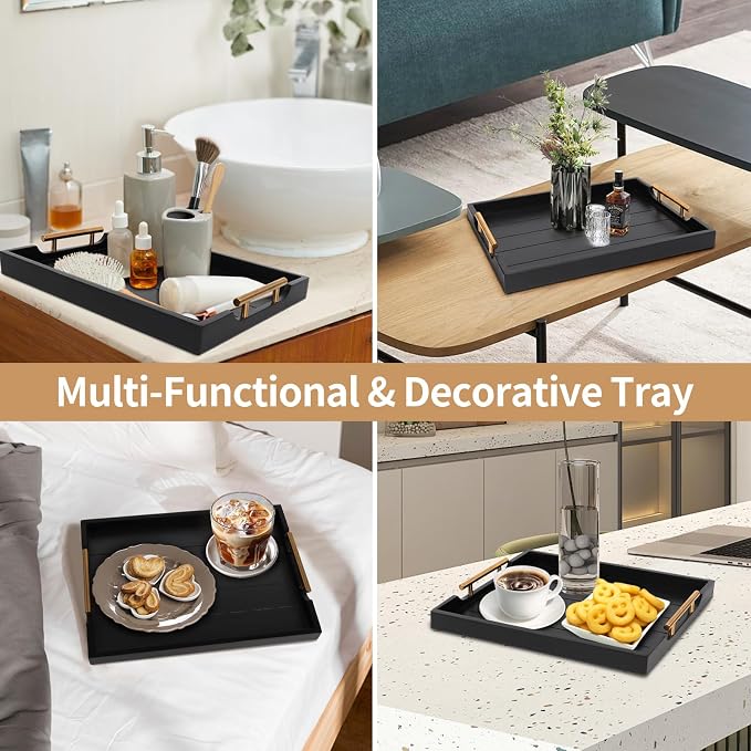 SXNOWS Wooden Serving Tray with 2 Sets of Handles,Black | Rectangle 16.5x13 Inch Ottoman Decorative Tray for Coffee Table Kitchen Bar Living Room Breakfast in Bed, 4 Coasters Included