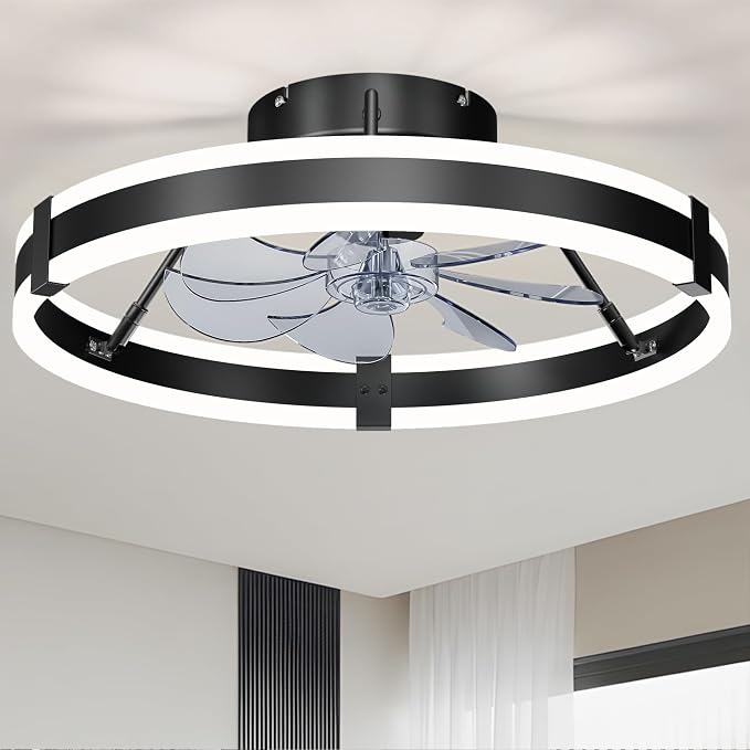 19.7" Low Profile Bladeless Ceiling Fan withLights & Remote -Flush Mount Fandelier LightFan for Bedroom/Kitchen, 3000-6000KDimmable LED, 6-Speed Modern Fan withLights for Home/Office