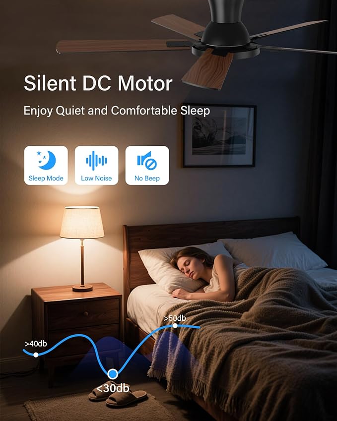 52 Inch Smart Ceiling Fans with Lights, Compatible with Alexa/Google, Remote/App Control, Flush Mount Metal Ceiling Fan, Dimmable 3CCT LED, Quiet Reversible DC Motor for Bedroom Living Room