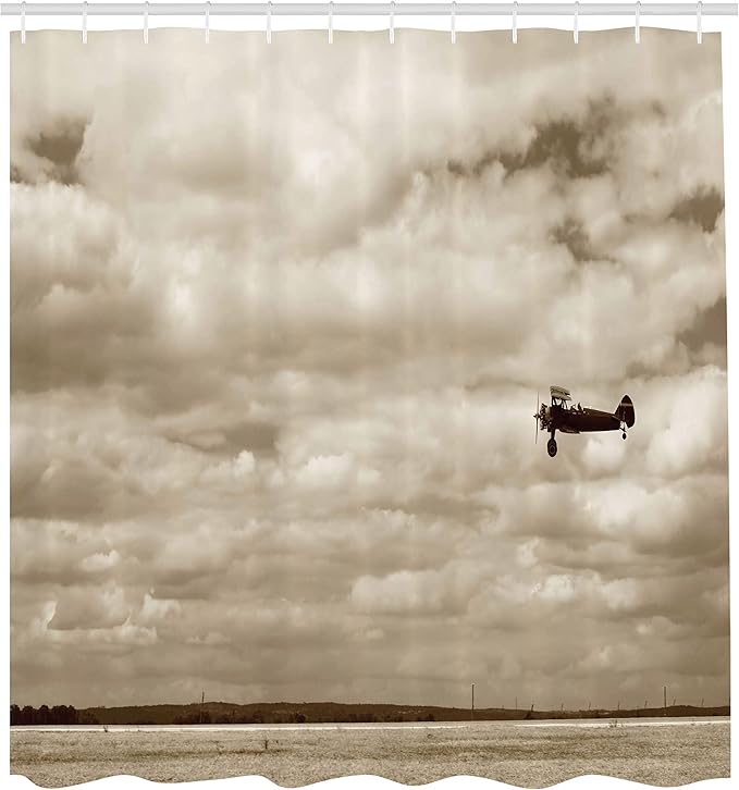 Ambesonne Vintage Airplane Shower Curtain, Airplane Dramatic Cloudy Skies Aviation Flyby Obsolete Composition Print, Cloth Fabric Bathroom Decor Set with Hooks, 69" W x 70" L, Sepia
