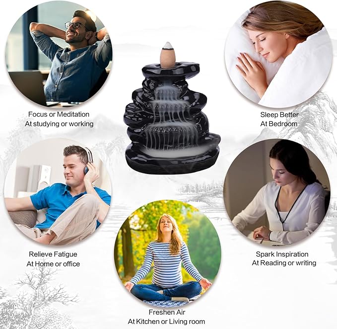 Waterfall Backflow Incense Burner Ceramic Incense Holder Incense Waterfall Fountain Incense Cone Holder, Yoga Meditation Home Decor Office Gifts(Stone)