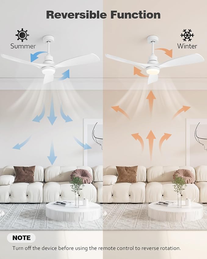 52 Inch Ceiling Fans with Lights Remote, White Ceiling Fans 3-Color Light, Timer, ETL Listed, 3 Downrods, 3 Blades, 6 Speed Modern Fan Quiet Reversible DC Motor for Patio Outdoor,52in,White
