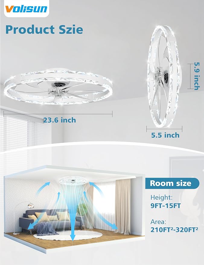VOLISUN Low Profile Ceiling Fans with Lights and Remote, 24in Fandelier Ceiling Fans with Lights Flush Mount, Dimmable Bladeless LED Ceiling Fan Light, White Modern Ceiling Fan Light for Bedroom