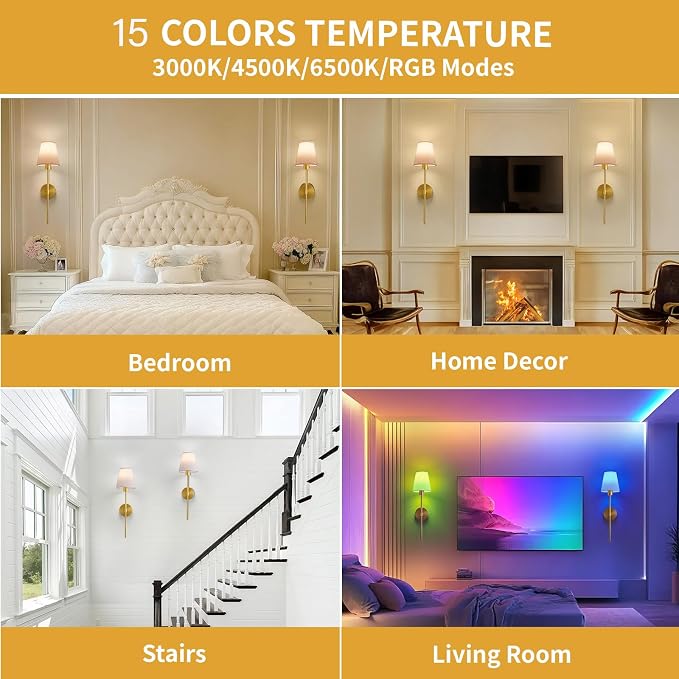 Battery Operated Wall Sconce Set of 2, Gold Rechargeable Wireless Wall Lights with Remote - Dimmable RGB LED Bulbs, 13 Color Options, Cordless Wall Lamps for Bedroom, Living Room, Hallway Decor