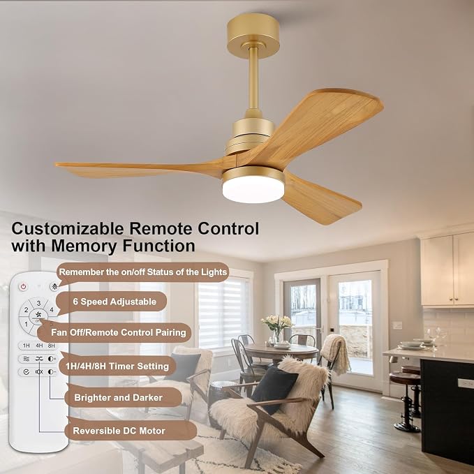 42 Inch Ceiling Fans with Lights and Remote, Dimmable LED Light, Quite Reversible DC Motor,Memory Function,Modern Solid Wood Indoor Outdoor Ceiling Fan with Light for Patio Office (Gold)