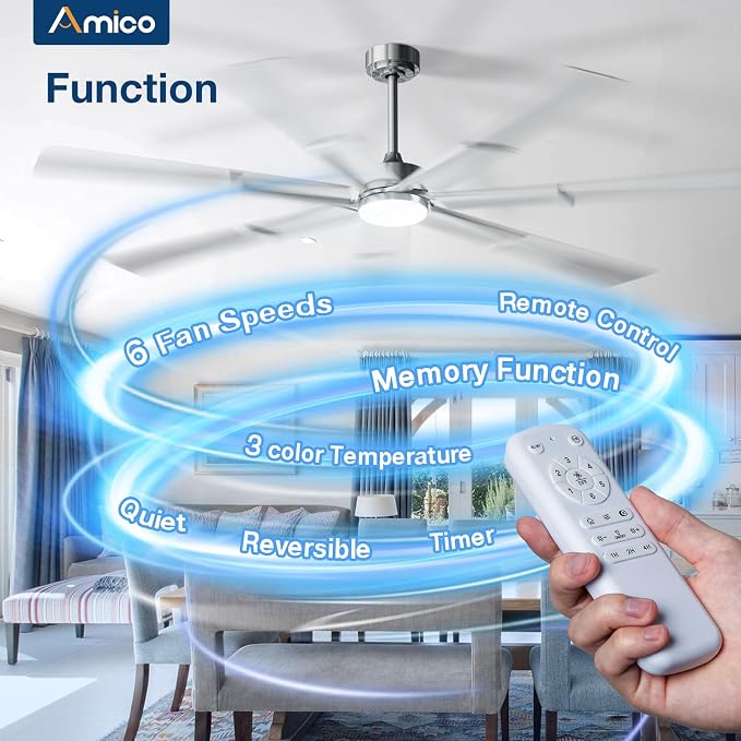 Amico Ceiling Fans with Lights,74 inch Nickel Ceiling fan with Light and Remote, 6 Speed Reversible DC Motor, 3CCT, Dimmable, Quiet, Timer, Outdoor Ceiling Fan for Patio, Living room, Indoor/Outdoor