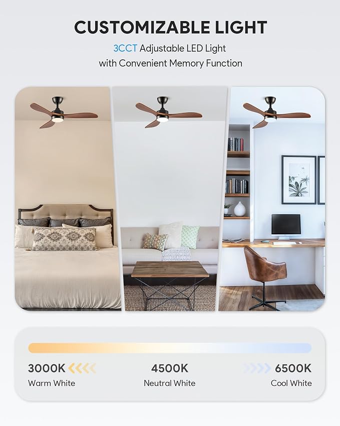 VONLUCE Wood Ceiling Fan with Lights, 42 Inch Ceiling Fan and Remote, 6-Speeds Quiet Reversible DC Motor, 3CCT, 3 Blades Outdoor Ceiling Fan for Patios Farmhouse, Black