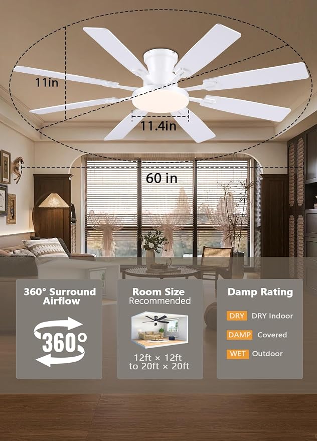 JSAITEE 60Inch Ceiling Fan with Lights, Large Low Profile Flush Mount,White | Ceiling Fans,DC Reversible Motor Noiseless, 3CCT Dimmable, Dual Finish, 6 Speeds Ceiling Fan for Indoor/Outdoor