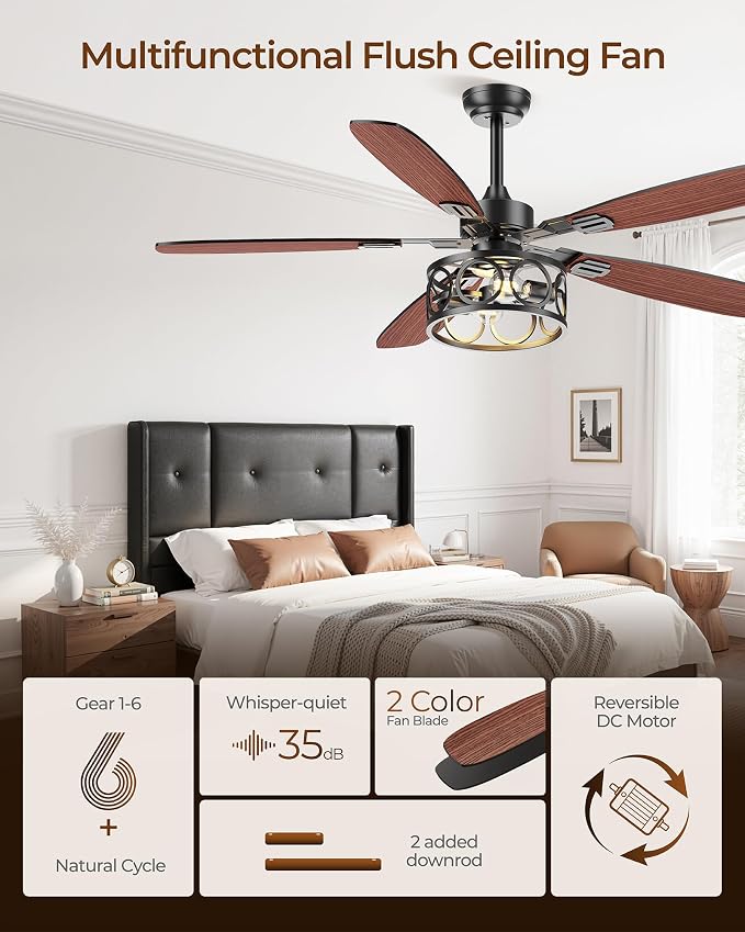 Ceiling Fans with Lights and Remote, 52'' Vintage Caged Ceiling Fan with Light, 5 Blades, 6+1 Speed, Flush Mount Ceiling Fan Whisper-quiet for Farmhouse, Living Room, Kitchen and Porch (52 Inch)