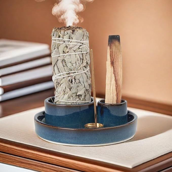 4 in 1 Incense Holder, Ceramic Incense Stick and Palo Santo Holder,Sage Holder for Burning- 4.25" Ceramic Ash Catcher Tray for Meditation and Yoga Room (Blue)