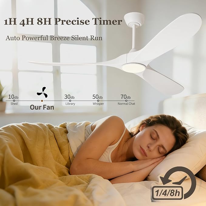 White 60 inch Ceiling Fan with Light and Remote, Modern Outdoor Ceiling Fans with Lights for Indoor Living Room Patios Porch Bedroom 3 Blade Propeller High CFM Wet Rated Wooden Fan