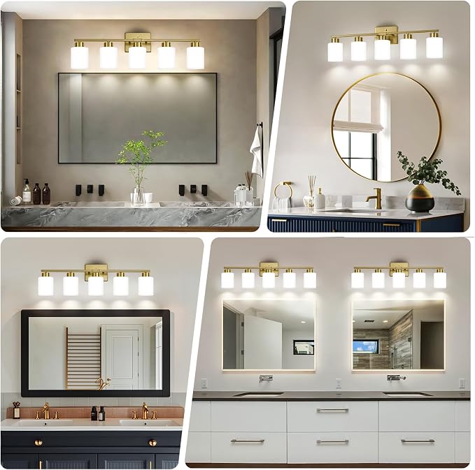 FonmYim Brushed Gold Bathroom Light Fixtures, 5-Light Modern Vanity Light Over Mirror, Wall Sconces with Milky White Frosted Glass Shades, E26 Socket (Bulbs Not Included)