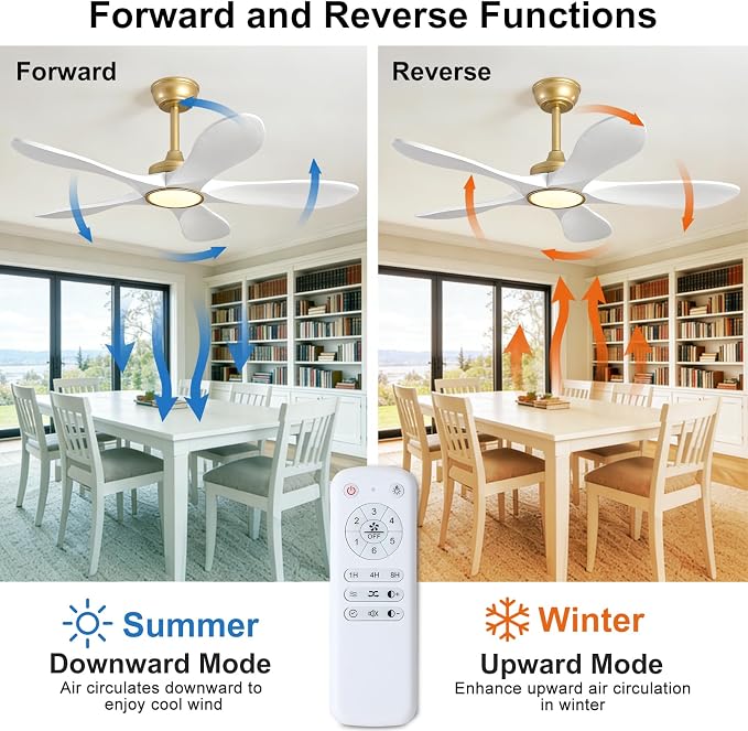 42 Inch White and Gold Ceiling Fans with Lights and Remote Control, Modern 3 Blade Wood Ceiling Fan, Outdoor Indoor Ceiling Fan with Light for Bedroom, Living Room, Quiet DC Motor, Dimmable
