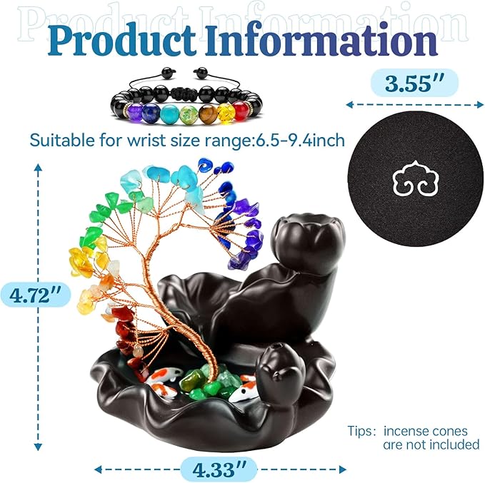 Backflow Incense Burner Ceramic Incense Waterfall Backflow Incense Holder 7 Chakras Gemstone Money Tree Crystal Tree Namaste Chakra Bracelet Cushion FengShui (Dark Brown)