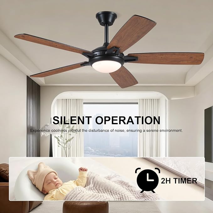 Kviflon 52 Inch Ceiling Fans with Lights and Remote, Modern Indoor Outdoor Ceiling Fan for Bedroom Living Room Patio Porch, 6 Speeds, Reversible Quiet Motor, Dual Finish Wooden Blades, Brown