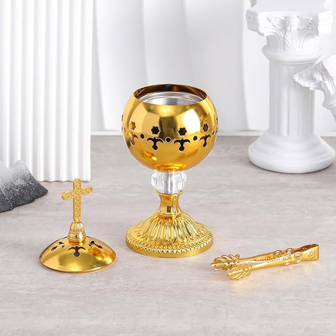 Zonon 2 Sets Gold Incense Burner with Tong, Frankincense Charcoal Incense Stand Holder, Ideal for Yoga, Spa, Aromatherapy, Home and Christian Church Censer (Retro)