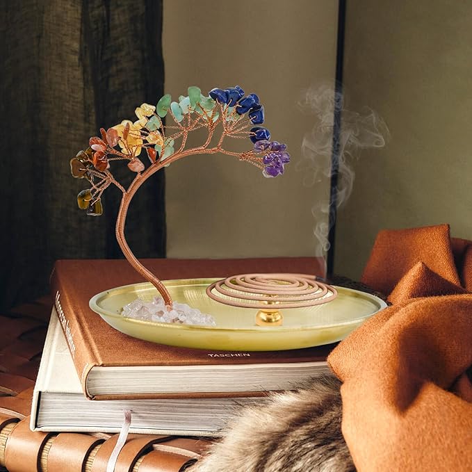 5 in 1 Incense Burner, 7 Chakra Crystal Tree Incense Holder Palo Santo Holder Sage Burner for Incense Sticks Brass Ash Catcher for Yoga Meditation Home Decor