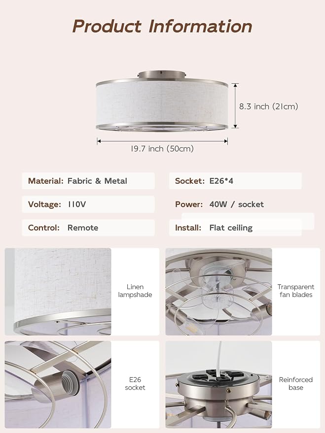 20" Silver Caged Ceiling Fans with Lights, Boho Flush Mount Ceiling Fan with Light and Remote, Bladeless with 6 Speeds for Bedroom, Nursery, Living Room