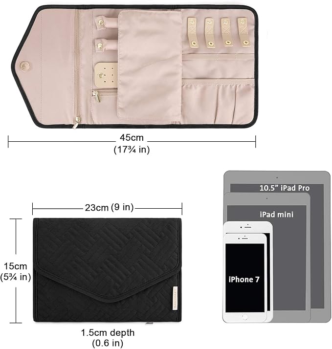 BAGSMART Travel Jewelry Organizer Roll Foldable Jewelry Case for Journey-Rings, Necklaces, Bracelets, Earrings, Black
