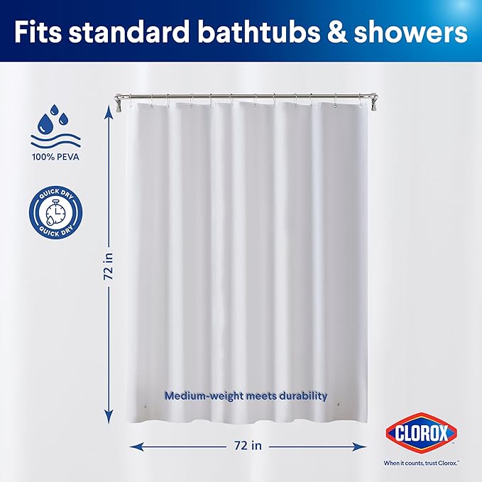 Clorox Shower Curtain Liner, Premium Medium-Weight Durable Waterproof 6g PEVA for Bathroom with Weighted Magnets, Standard Size 72" x 72", Frosty 1 Pack