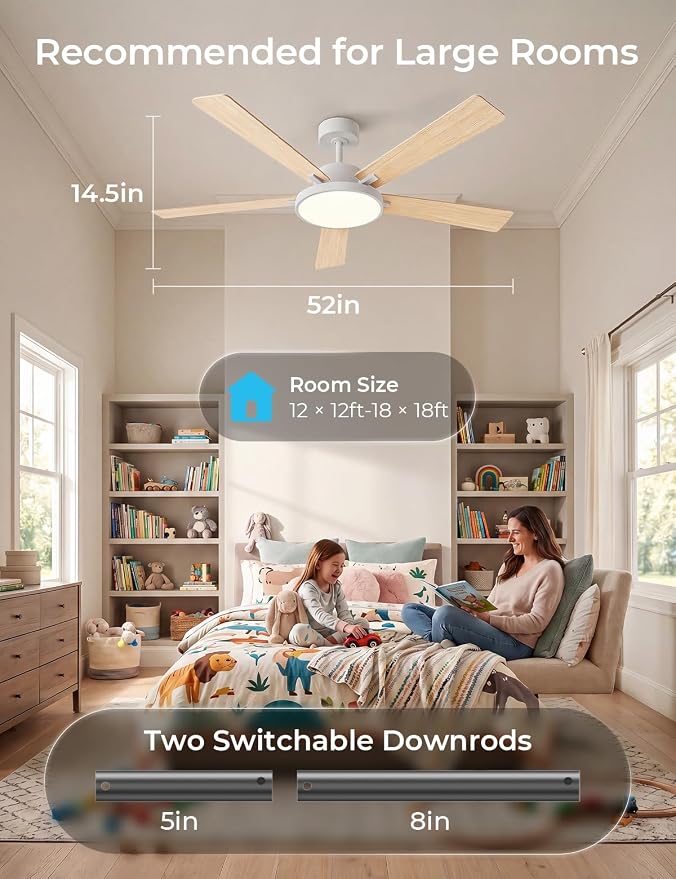 CINOTON Smart Ceiling Fan with Lights, 52'' RGBCW Ceiling Fan with Lights and Remote App Voice Control, Reversible DC Motor, 2600lm LED, 6 Speeds & 2 Fan Mode, Quiet Fan for Bedroom, Living Room White